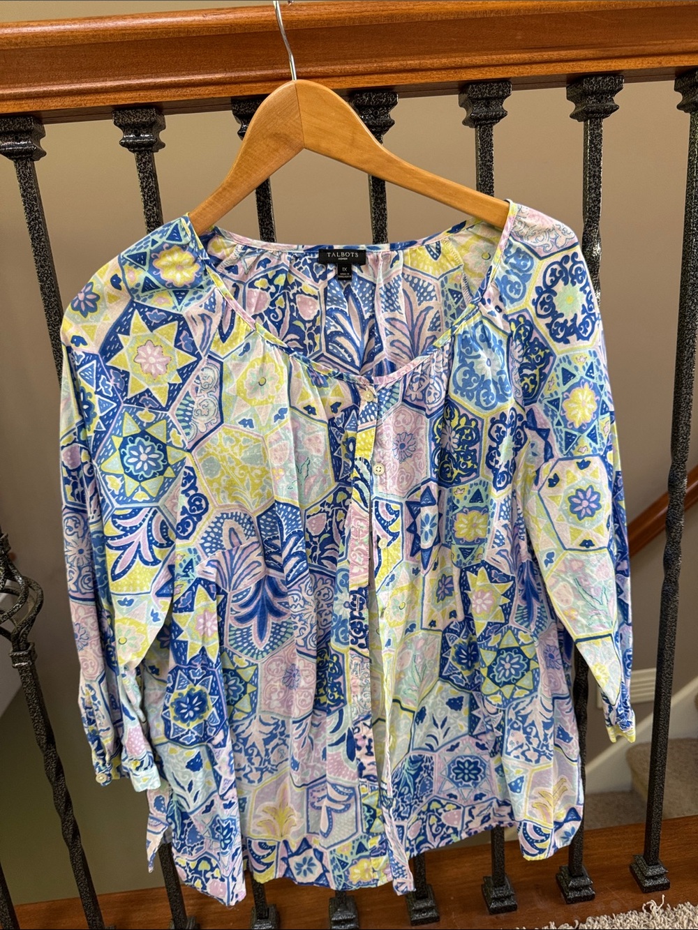 Talbots Multicolor Tile-Print Button-Front Blouse in Blue, Yellow & Pink